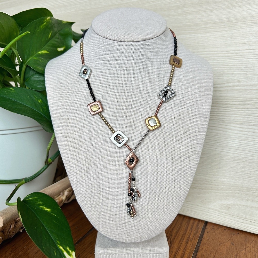 Vintage Chico's Mixed Metal Square Bead‎ Necklace Y Drop Pendant Boho Career